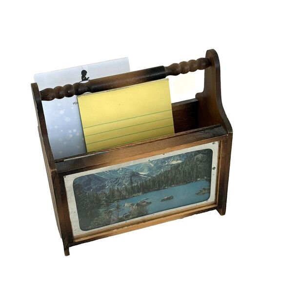 Other - Vtg Wood Mini Magazine Rack Desktop Letter Holder Postcard Rocky Mountain Scene